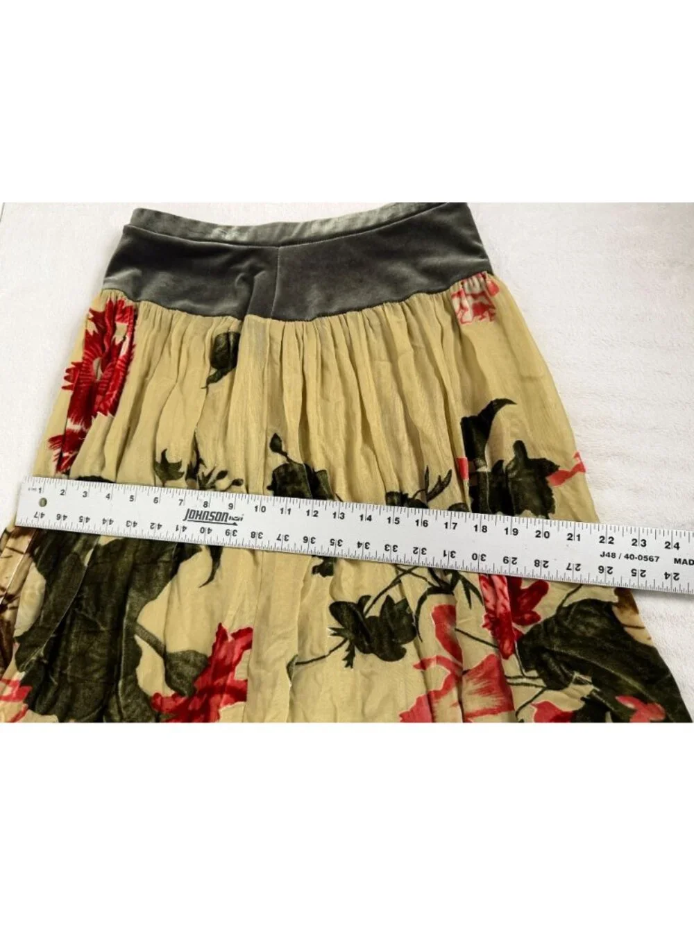 Velvet Burnout Floral Pleated Skirt Silk Blend Olive Green Beige Red Botanical